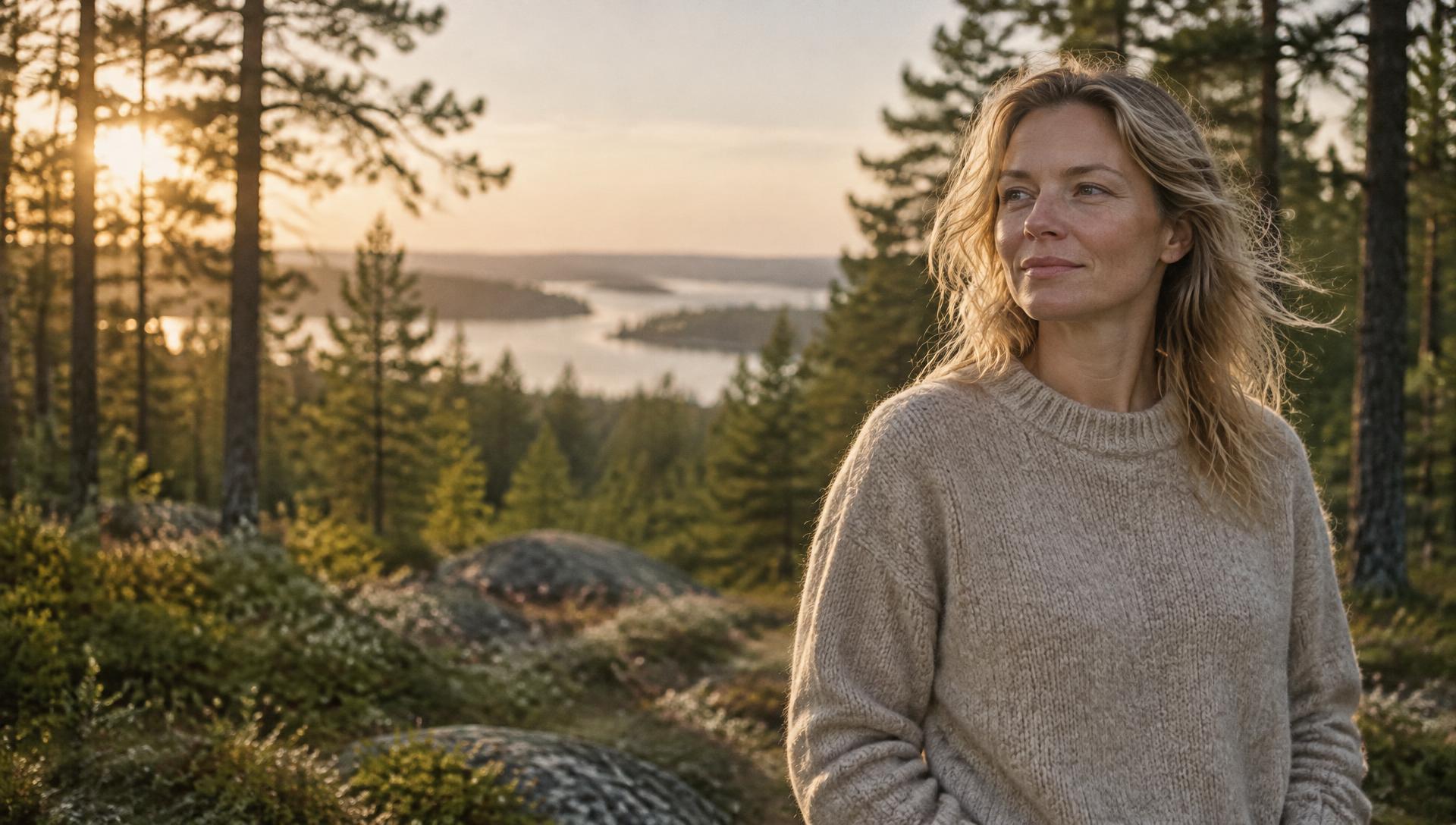 En lugn och självsäker kvinna i en svensk tallskog vid soluppgång