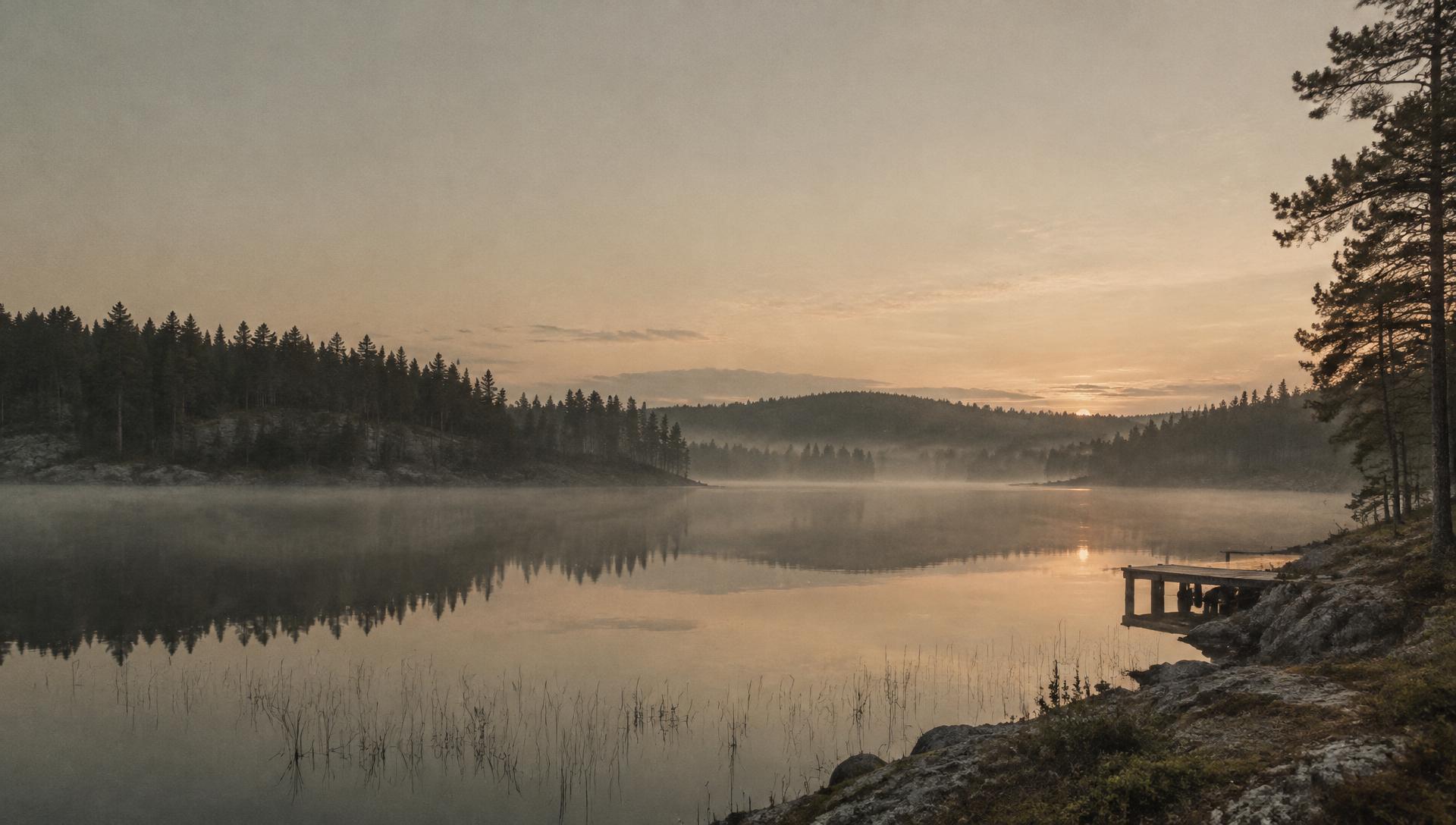 En stilla sjö i gryningen med dimma över vattnet